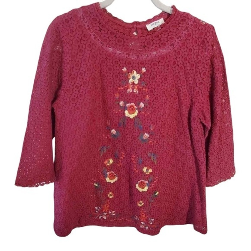 Umgee Womens Boho Floral Lace Embroidered 3/4 Sleeve‎ Top Berry Wine A3726 Small